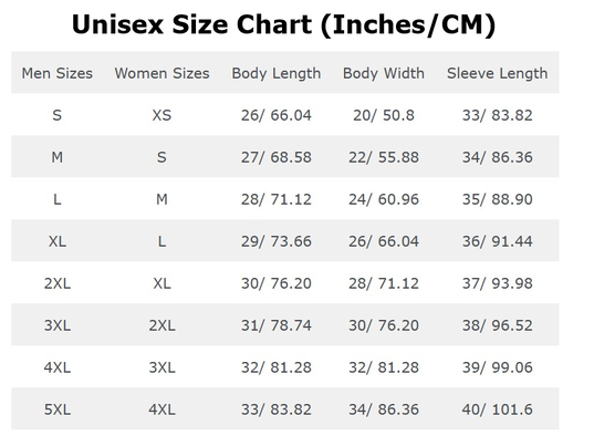 Unisex Size Chart for Woolen Sweater Measurements